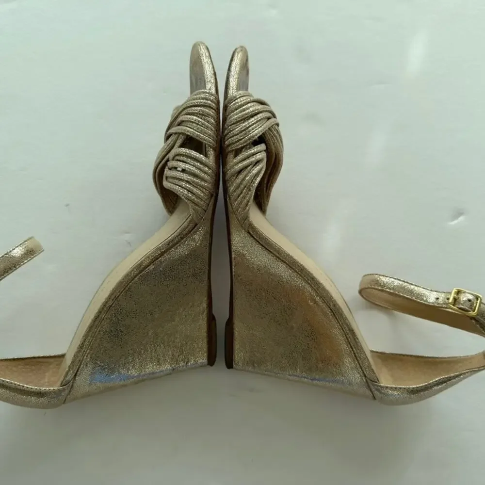 Loefller Randall Allegra Wedge Heels Sandals Gold Size 9 Open Toe Ankle Strap